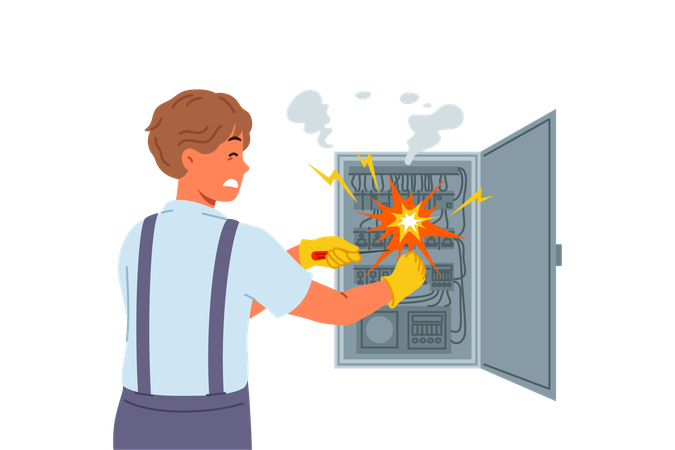 Man electrician is injured by electric shock while repairing electrical panel with transformers Illustration
