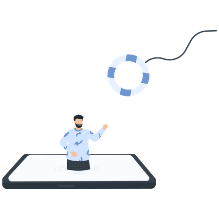 Man Emerging From Tablet with Lifesaver  Illustration