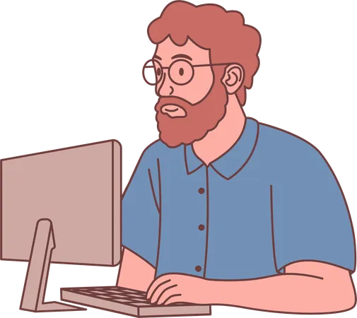 Man Employee Character Wearing Glasses Working with Computer  Illustration