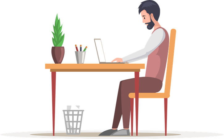 Man employee working on computer at desk  Illustration