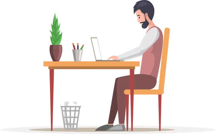 Man employee working on computer at desk  Illustration