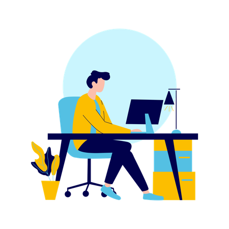 Man Employee Working with Computer at Desk  Illustration