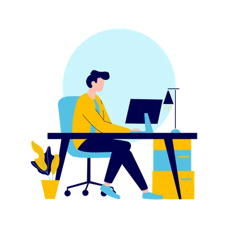 Man Employee Working with Computer at Desk  Illustration