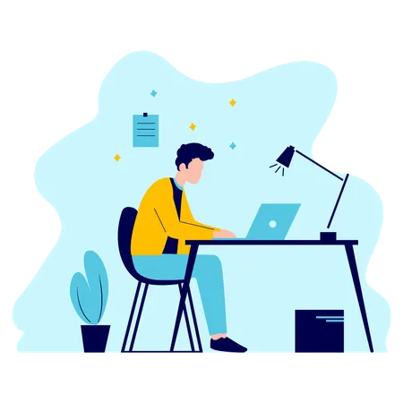 Man Employee Working with Laptop at Office  Illustration