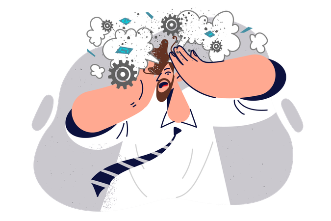 Man engineer feels explosion in head due to overload and burnout at work or own business  Illustration