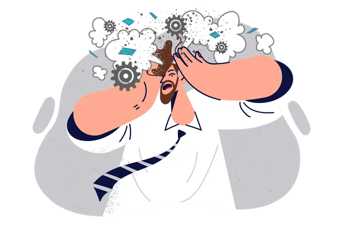 Man engineer feels explosion in head due to overload and burnout at work or own business  Illustration