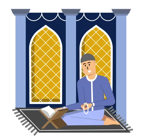 Man Engrossed in Quranic Recitation on  Ramadan Night  Illustration