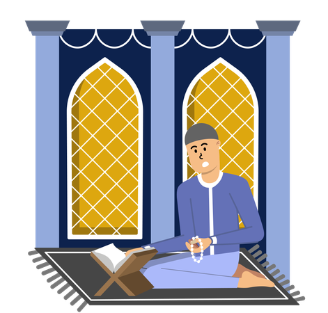 Man Engrossed in Quranic Recitation on  Ramadan Night  イラスト