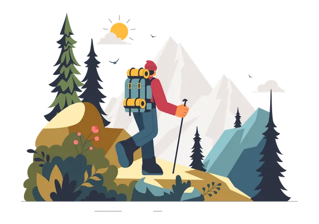 Man enjoy Mountain Hiking Adventure  Illustration