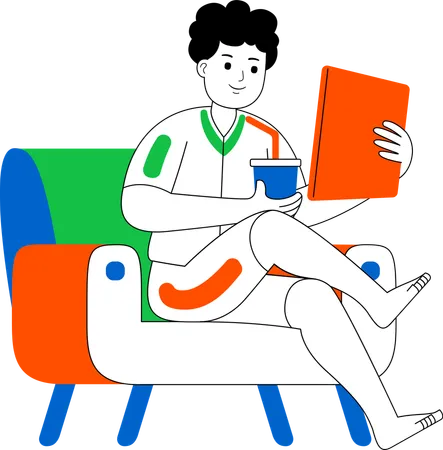 Man Enjoy Sitting With Tablet  Illustration