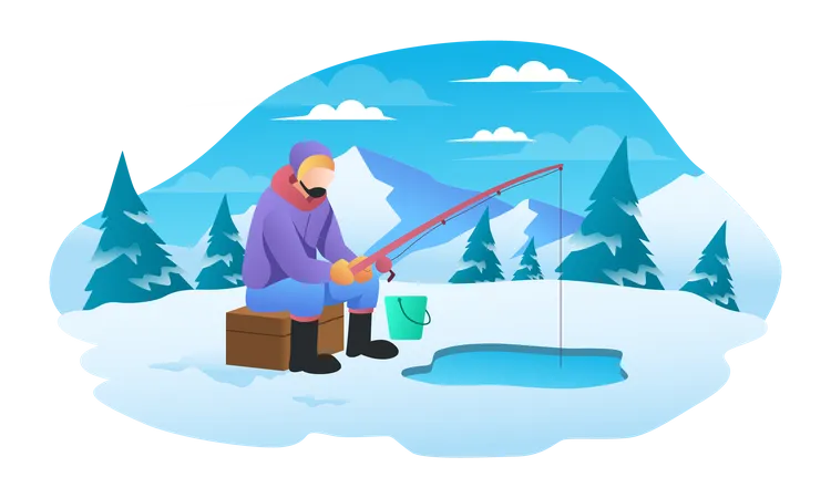 Man Enjoyed fishing in winter  Illustration