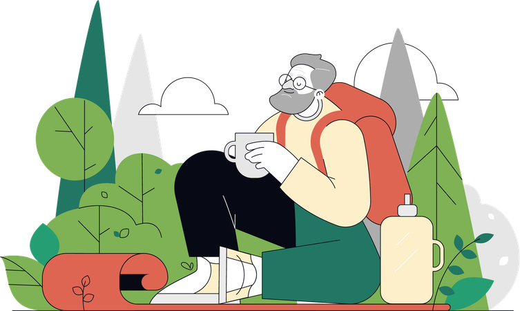 Man enjoying camping in forest  Illustration