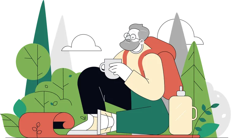 Man enjoying camping in forest  Illustration