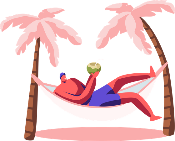 Man enjoying coconut juice while sleeping on hammock  Illustration