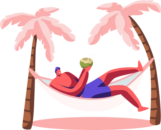 Man enjoying coconut juice while sleeping on hammock  Illustration