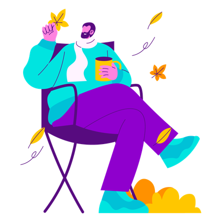 Man Enjoying coffee in Autumn Park  Illustration