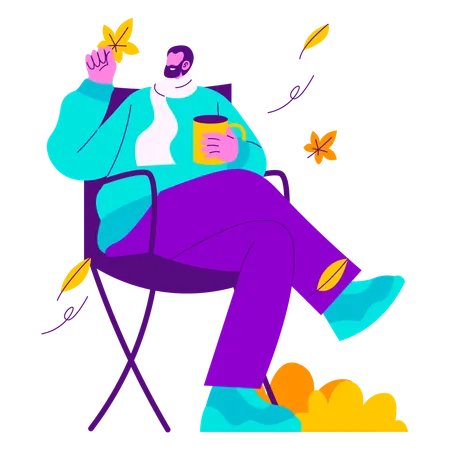 Man Enjoying coffee in Autumn Park  Illustration