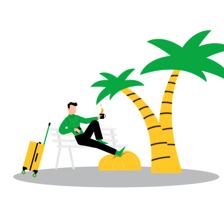 Man enjoying coffee while sitting on bench  Illustration