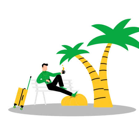 Man enjoying coffee while sitting on bench  Illustration