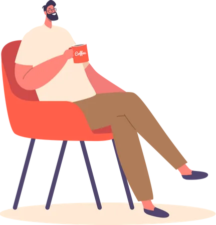 Relaxed Man Seated On A Chair Enjoying A Cup Of Coffee His Posture Exudes Comfort As He Savors The Warm Beverage Male Character Isolated On White Background Cartoon People Vector Illustration Illustration