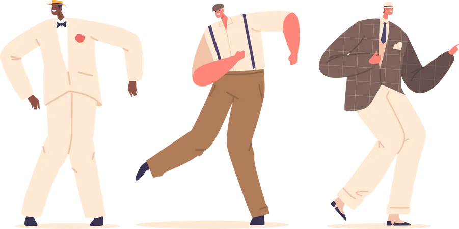 Retro Men Characters Dance Evokes The Spirit Of Bygone Eras Characterized By Slick Moves And Groovy Music Transporting Us To A Nostalgic Dance Floor Frenzy Cartoon People Vector Illustration Illustration