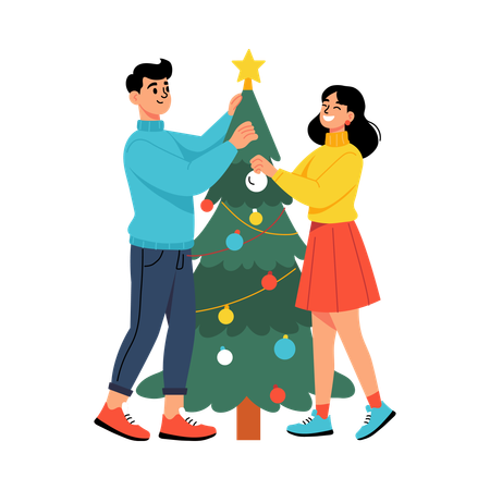 Man enjoying decorating Christmas tree  Illustration