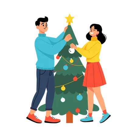 Man enjoying decorating Christmas tree  Illustration