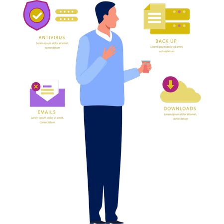 Man  enjoying drink while looking at security system  Illustration