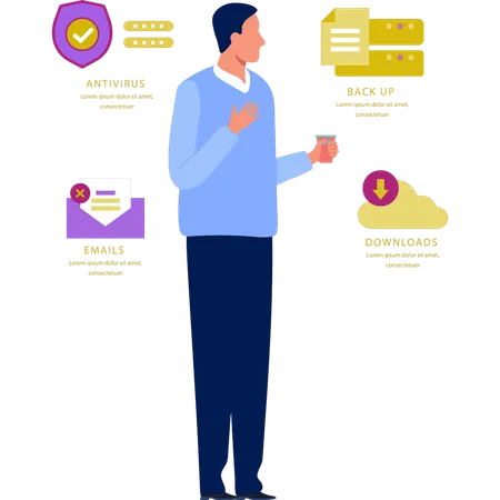 Man  enjoying drink while looking at security system  Illustration