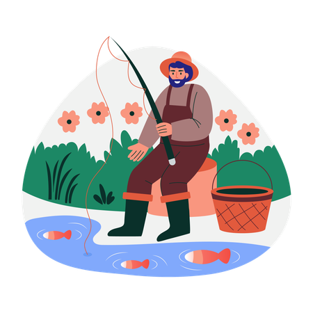 Man enjoying fishing near pond  Illustration