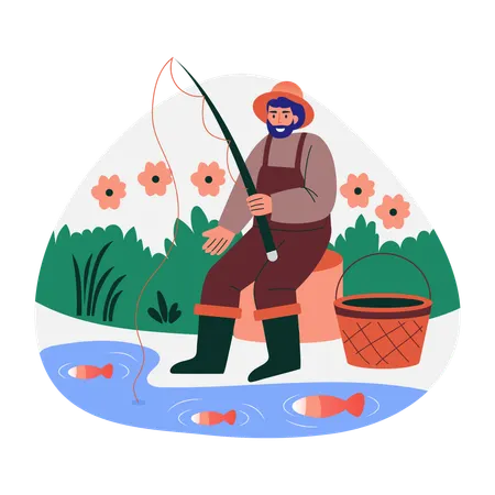 Man enjoying fishing near pond  Illustration