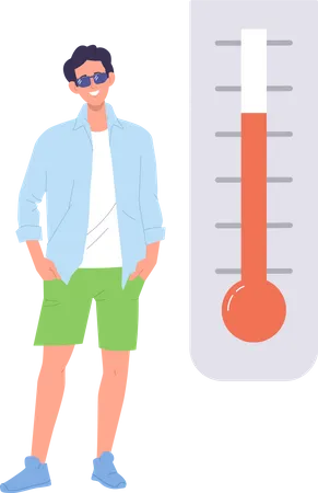 Young Hipster Man Cartoon Character Enjoying High Temperature Degree Showing By Thermometer Vector Illustration Isolated On White Background Heating And Conditioning Living Environment Concept イラスト