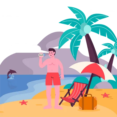 A Tourist Man Holiday In Hawai Beach Illustration