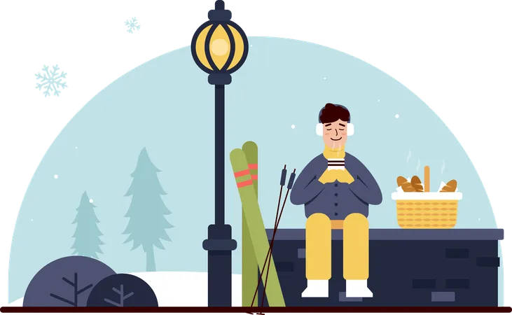 This Heart Warming Flat Illustration Encapsulates The Enjoyment Of A Man In A City Park Enjoying A Warm Meal In The Beauty Of A Snow Covered Park This Illustration Can Be Used For Various Purposes Such As Posters Landing Pages And Other Promotions Illustration