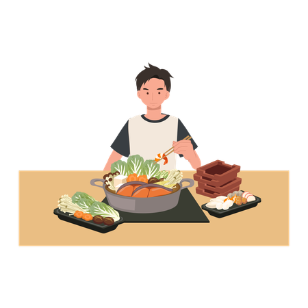 얇게 썬 고기, 야채, 해산물을 곁들인 일본식 샤브샤브 냄비 요리를 즐기는 남성, 아늑한 아시아식 식사 경험  일러스트레이션