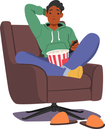 Man Enjoying Movie With Popcorn at Home  イラスト