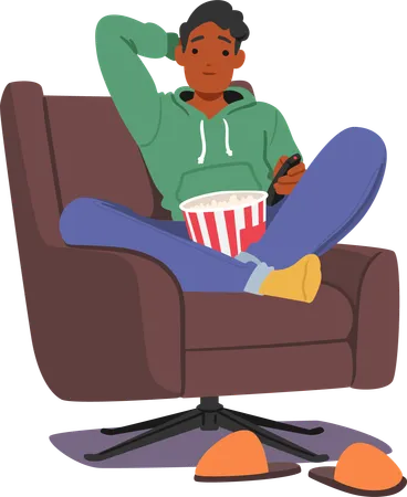 Man Relaxes At Home Enjoying A Movie With Popcorn Cozy Atmosphere Cinematic Escape Simple Joys In The Comfort Of His Living Room Male Character Resting Routine Cartoon People Vector Illustration Illustration