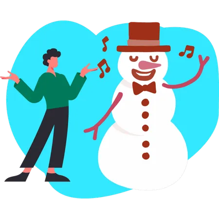 Man enjoying music with snowman  Illustration
