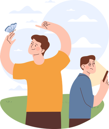 Man enjoying nature while other boy with mobile  Illustration
