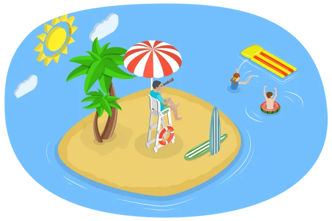 3 D Isometric Flat Vector Conceptual Illustration Of Beach Lifeguard Professional Rescuer Is Doing Is Doing His Job Illustration