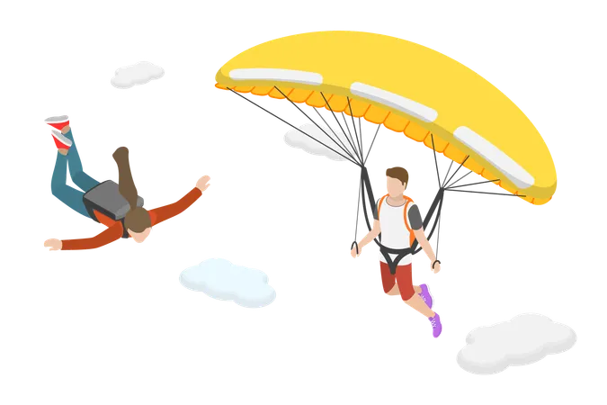 3 D Isometric Flat Vector Conceptual Illustration Of Parajumping Parachute Skydivers Illustration