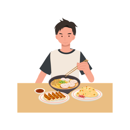 Man enjoying ramen noodles with pork chashu gyoza dumplings and fried rice using chopsticks in a japanese restaurant setting  Illustration