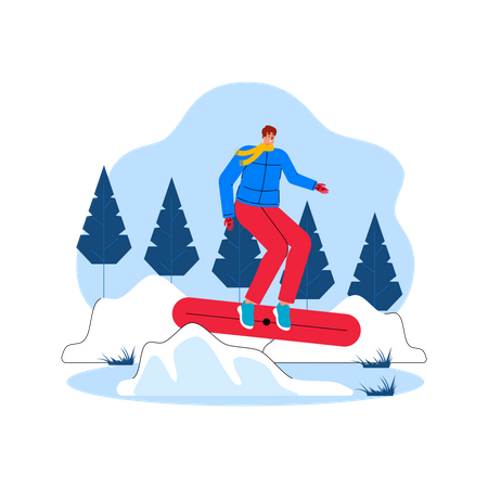 Man enjoying skating in snow weather  Illustration