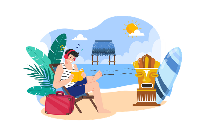Man Enjoying Summer Holiday At Beach Illustration