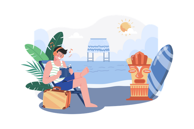 Man Enjoying Summer Holiday At Beach  Illustration