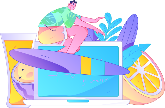 Man enjoying surfing while doing remote work  Illustration