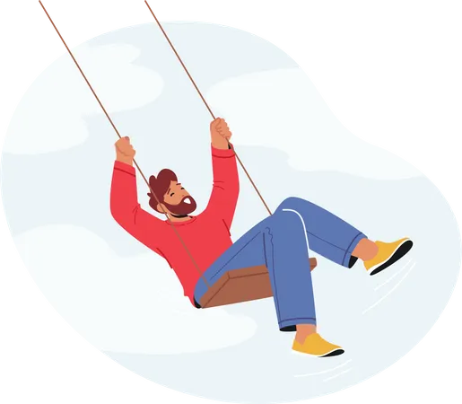 Man Sways On A Swing His Laughter Echoing Through The Air As He Enjoys A Carefree Moment Of Pure Joy Cheerful Adult Male Character On Rope Teeterboard Cartoon People Vector Illustration Illustration