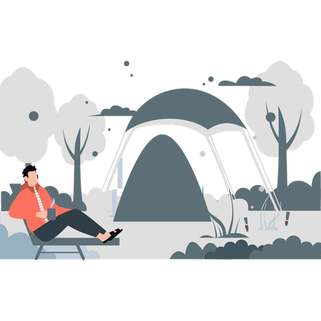 Man enjoying tea while sitting next to his camp  Illustration