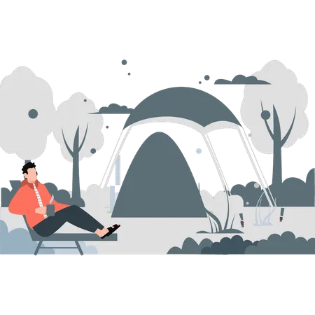 Man enjoying tea while sitting next to his camp  Illustration