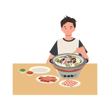 Man enjoying thai barbecue moo krata hotpot with fresh meat vegetables and sauces  Illustration